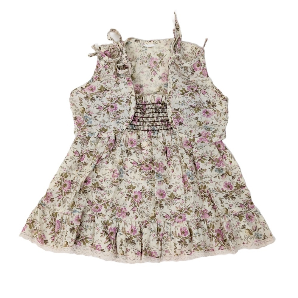 Free With Purchase - 2T 70's Floral Dress and Vest Set Ruching Gathered Ruffles